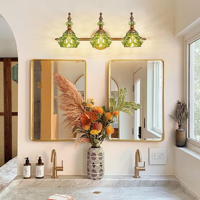 Vintage 3-Light Bathroom Vanity Light Fixtures, Modern Brass Vanity Wall Sconces Over Mirror with Green Glass Shade for Bathroom Bedroom Living Room