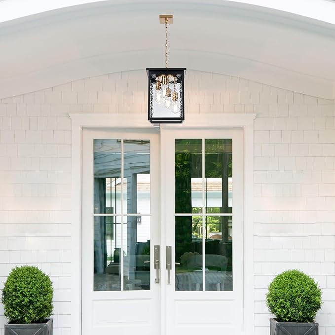 Large Outdoor Pendant Light Fixture, 4-Light Black & Brushed Brass Farmhouse Exterior Hanging Light Fixture with Hammer Glass Adjustable Chain, Outdoor Hanging Lantern for Porch Entrance Front