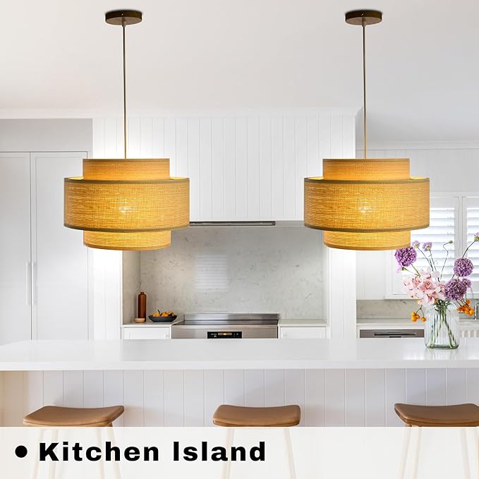 Pendant Light, 3-Tier Layered Boho Hanging Lamp with Natural Woven Drum Shade, 15ft Hemp Rope Cord Ceiling Light for Kitchen Island Dining Room Bedroom