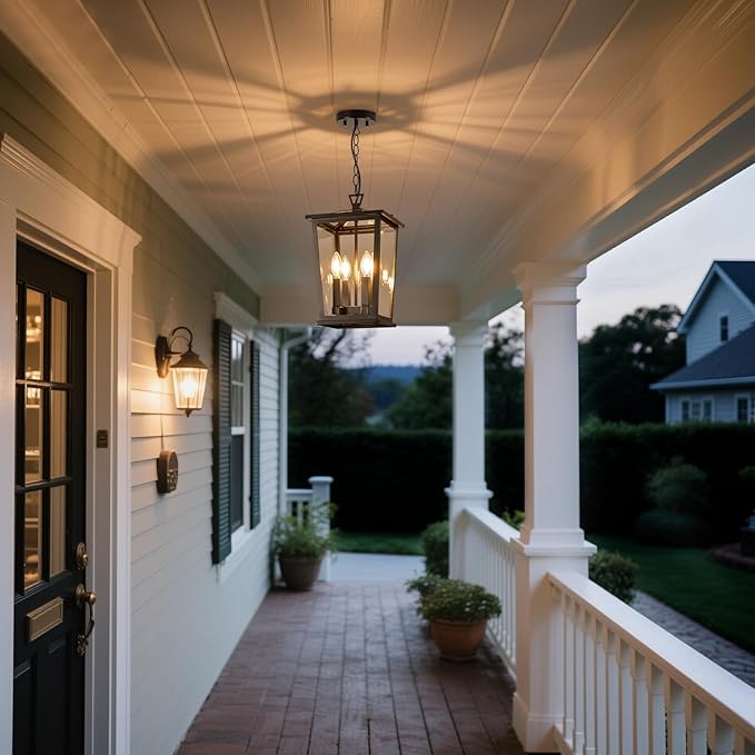 Outdoor Pendant Lights for Porch, 16" 4-Light Large Outdoor Chandelier with Clear Glass, Black Modern Exterior Hanging Porch Light with Long Chain for Gazebo Foyer, OS-OD2601-4HL