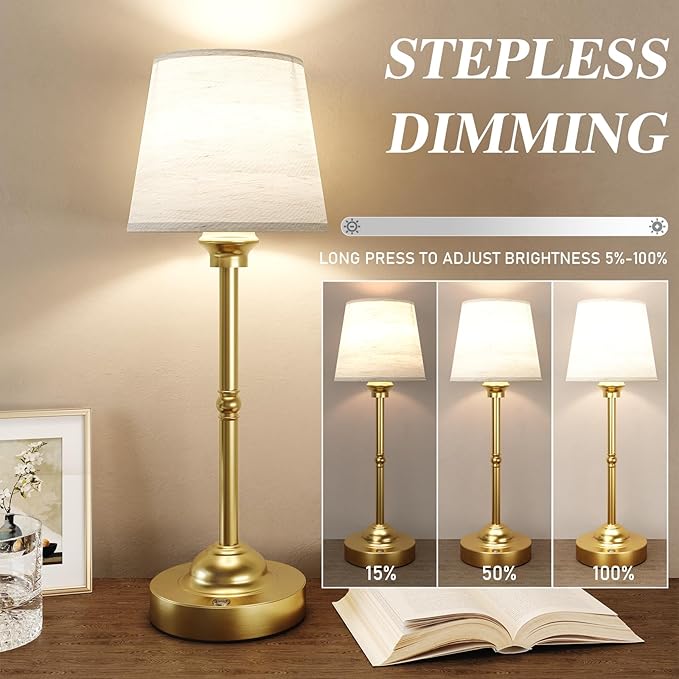 CHLORANTHUS Cordless Table Lamps, 3 Colors Stepless Dimming Fabric Desk Lamp, 6000mAh Rechargeable Battery LED Desk Lamp for Bedroom, Camping, Dining, Bar, Night Light, Desk, Cafe
