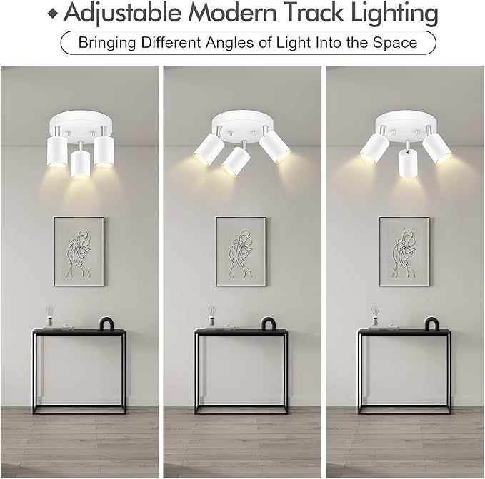 3 Light Track Lighting Fixtures Ceiling, Matte White Round Directional Ceiling Spotlight, GU10 Flush Mount Track Fixture, Adjustable Modern LED track Lights for Kitchen/Living Room, Bulb Not Included