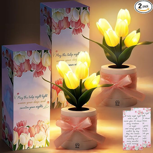 2 Sets Tulip Flower LED Lamp for Women Mothers Day Birthday Gifts for Mom, Wife Rechargeable Touch Desk LED Night Light 3-color Dimming with Card, Ribbon, Boxes for Table Centerpiece Decor