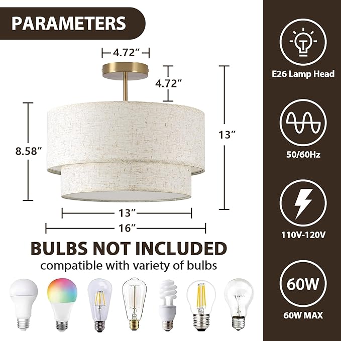 16" Drum Light, 3-Light Flush Mount Ceiling Light with 2-Tier Linen Fabric Shade, Gold Drum Light Fixture for Dining Room, Entryway, Bedroom, Kitchen, Hallway
