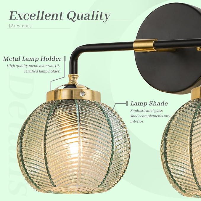 2 Light Black Bathroom Vanity Light Vintage Wall Sconce Glass Wall Sconce Light Wall lamp with Ribbed Green Glass Shade mid Century Bathroom Vanity Light Over Mirror for Bedroom Hallway Living Room