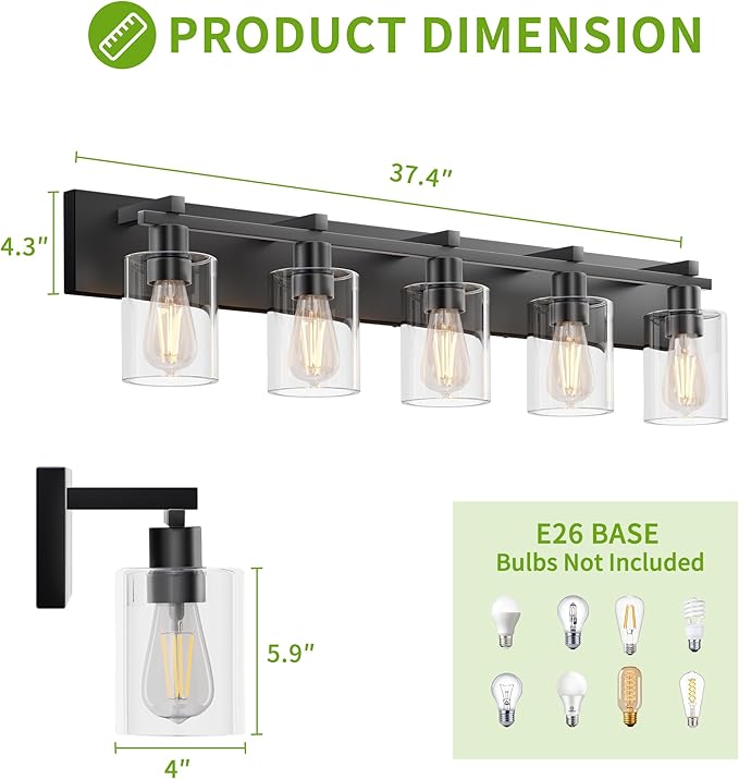 Espird Bathroom Vanity Light,5 Light Matte Black Light Fixture with Thickened Clear Glass Shade, 37 inch Modern Wall Sconce, Bathrooms Vanity Light Over Mirror for Bathroom