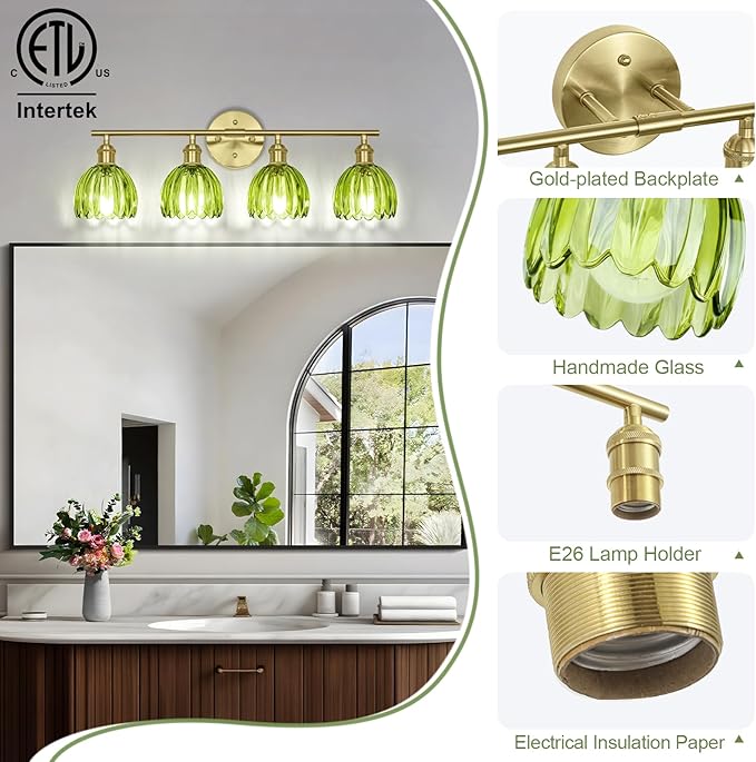 Vintage Bathroom Light Fixtures,4-Light Hardwired Vanity Lights with Green Tulip Glass Shade,Gold Bathroom Vanity Light for Mirror Restroom,E26 Socket,25.2 in(Bulbs Not Included)