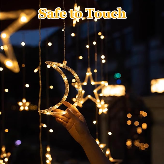 Lemical Star Moon Curtain Lights 11.5ft Battery Powered Remote Control LED Fairy Light Strings,8 Flashing Modes Waterproof Decorative Lights for Christmas, Party, Bedroom Decorations(Warm White)