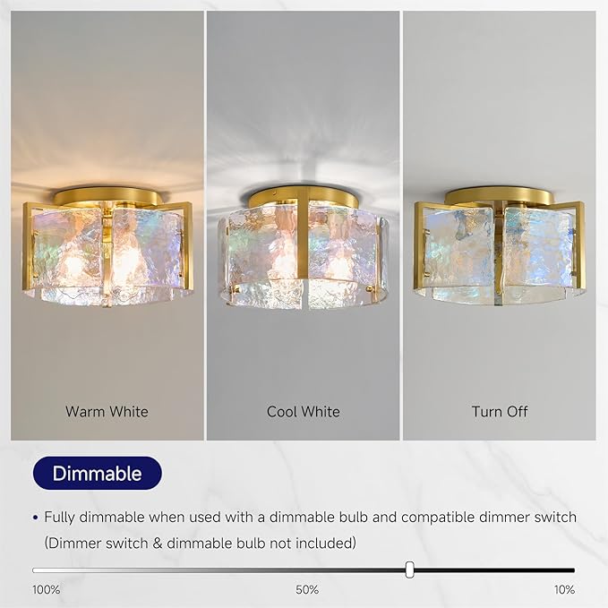 Brushed Gold Semi Flush Mount Ceiling Light Fixture, 14.1'' Modern Drum Glass Hallway Ceiling Light Fixtures, Mid Century Kitchen Lights for Entryway Foyer Dining Room Table Bathroom Bedroom Laundry