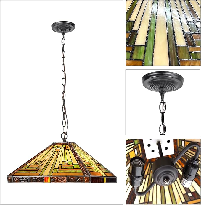Capulina Tiffany Lamp Stained Glass Pendant Lights 16” Wide Antique Rustic Tiffany Style Hanging Lamp for Kitchen Island Counter Dining Room Hallway Office