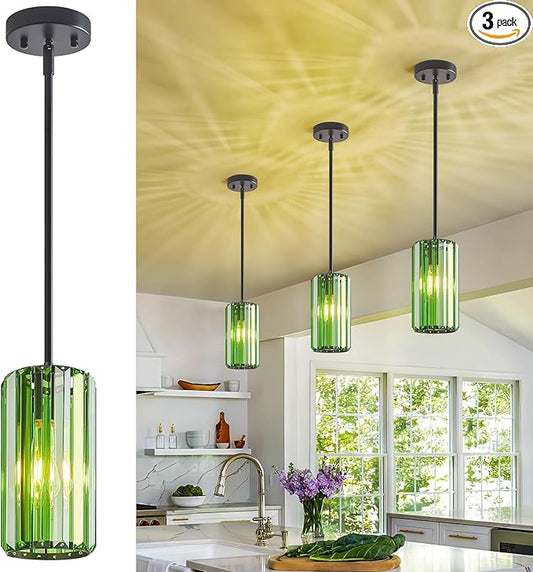 Modern Crystal Pendant Light Mini Dark Green Chandeliers Adjustable Pendant Lights Fixture for Kitchen Island Dinning Room Corridor Bedroom(Dark Green 3-Pack)