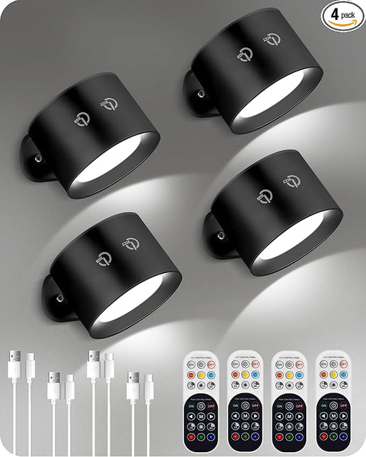 Battery Operated Wall Sconces 4 Pack, Rechargeable Wall Sconce with Remote Control, 3 Color Temp & 3 RGB & Dimmable, Wireless Wall Mount Light for Hallway, Bedroom, Black B02YBP406