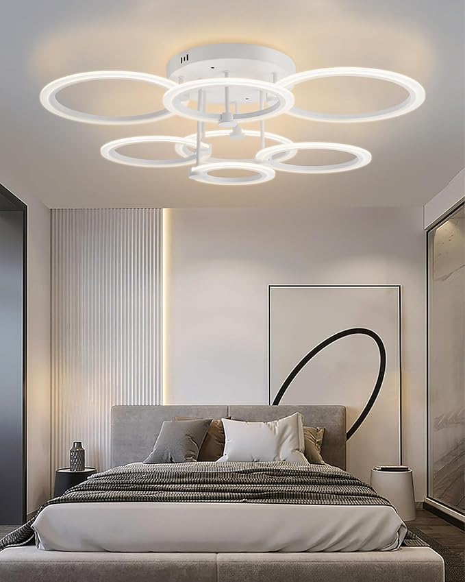 Modern LED Ceiling Light Dimmable Ceiling Light Fixtures with Remote 7 Rings White Close to Ceiling Lights 31.8" 130W 3000K-6500K Flush Mount Ceiling Lamp for Living Room,Bedroom,Kitchen