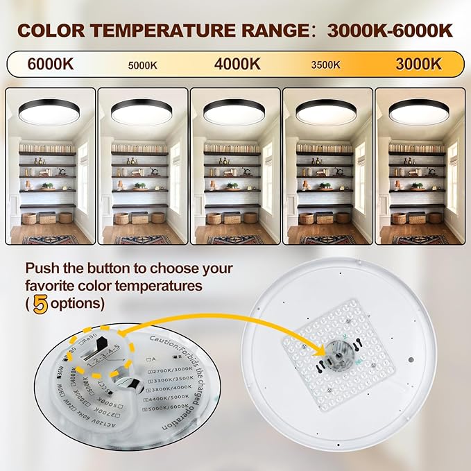 DLLT Flush Mount Ceiling Light: Close to Ceiling Light Fixtures 16 Inch 35W - Dimmable Ceiling Lamp 3000-6000K 5 Color Selectable Ceiling Mount Light for Bedroom Kitchen (Black)