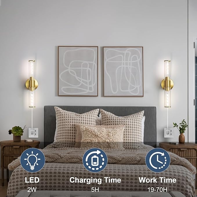 Battery Operated Wall Sconces Set of Two Glass Gold Rechargeable Wall Sconces with Remote Control LED Dimmable Wall Lights for Living Room Hallway (2 Pack)