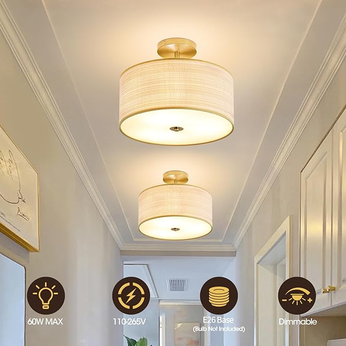 Fabric Semi Flush Mount Lighting Fixture, Modern Semi Chandeliers for Dining Room, Drum Farmhouse Ceiling Lighting Fixture, Brown Fabric Shade 3-Light for Kitchen Island Bedroom Hallway Foyer