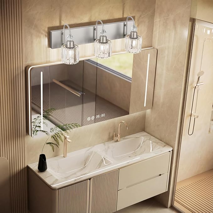 Ralbay Brushed Nickel Vanity Light for Bathroom Crystal 3-Light Modern Bathroom Light Fixtures