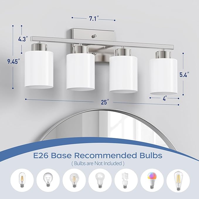 PARTPHONER 4-Light Brushed Nickel Bathroom Light Fixtures, Modern Vanity Light Over Mirror Lighting, Wall Sconce with Frosted Milky White Glass Shades for Bedroom Living Room Kitchen Hallway