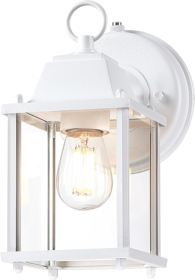 LIT-PaTH Dusk to Dawn Outdoor Wall Lantern, Wall Sconce Waterproof Porch Lighting Fixture, E26 Base, Aluminum Housing with Glass Shade, 1-Pack, White