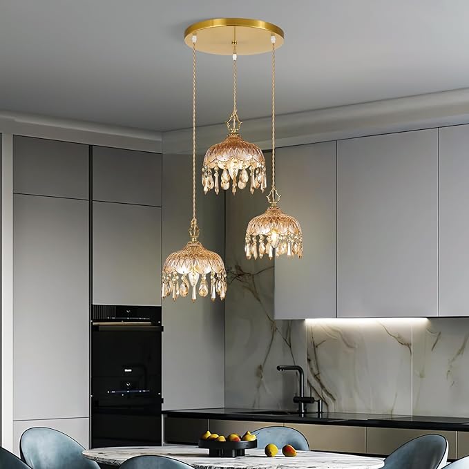 3-Light Glass Pendant Light Crystal Hanging Light Fixtures,Brass Vintage Amber Glass Pendant Lights for Kitchen Island Dining Room Living Room Bedroom Hallway(Amber,Round Chassis)