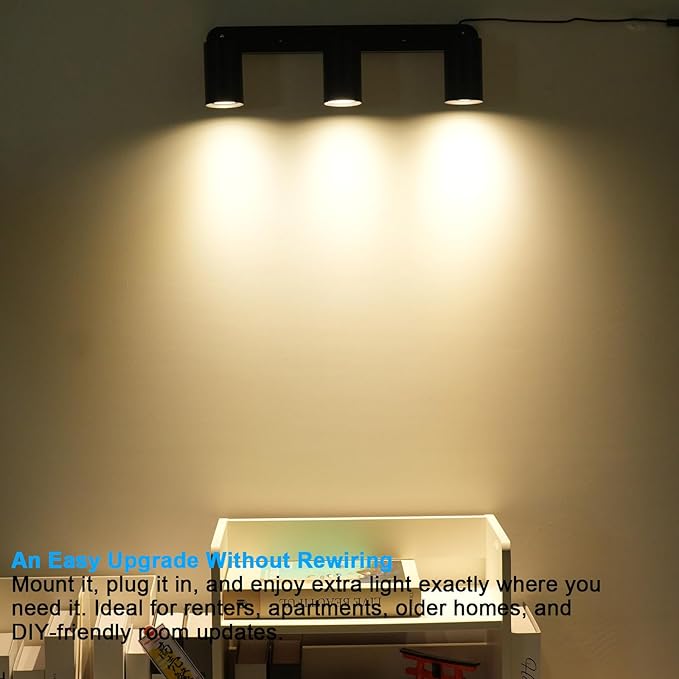 Plug in Track Lighting Track Light Fixtures with Power Cord Wall Spotlight Flexibly Rotatable Heads Plug in Ceiling Lights for Kitchen Cabinet Gallery Bar Living Room 15W 3000K(Black, 3 Heads)