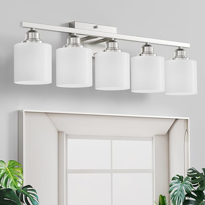 Sailstar 5-Light Bathroom Light Fixture, Brushed Nickel Vanity Lights Over Mirror, Anti-Rust, White Glass Shades, E26 Base, Bulb Not Included