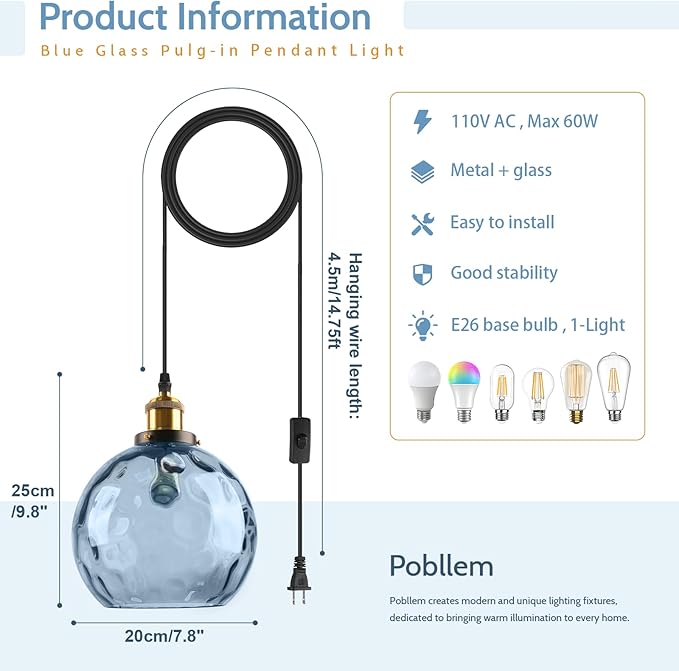 Blue Hanging Lamp Plug in 2 Pack, Hammered Glass Hanging Lights with 14.75Ft Plug in Cord, Globe Pendant Light Plug in Chandelier Ceiling Fixture for Dining Room Kitchen Bedroom