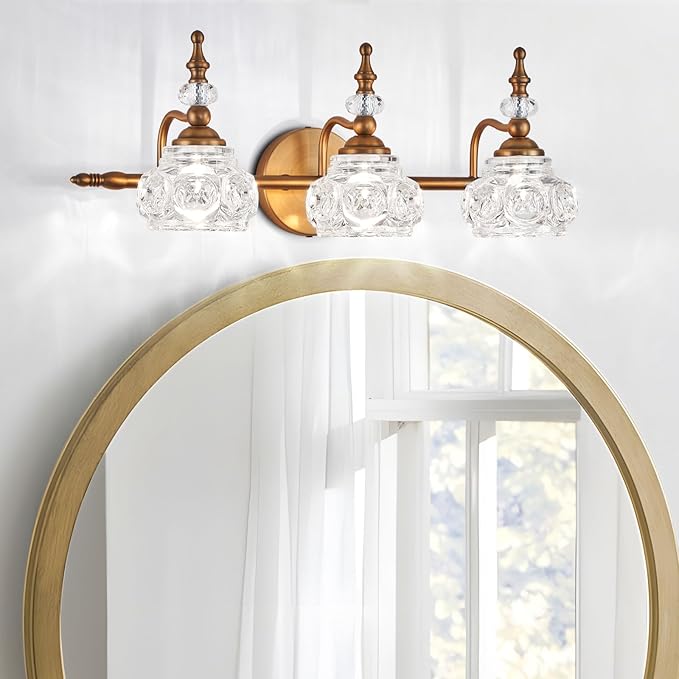 Vintage Vanity Light Fixture, 3 Lights Bathroom Lighting Matte Brushed Antique Brass Finish with Crystal Glass Shade, Vintage Vanity Light for Bathroom Bedroom Living Room