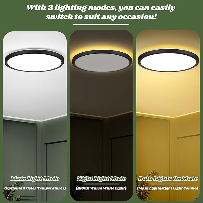 Brightever 12 Inch LED Flush Mount Ceiling Light Fixture with Night Light, 24W 2400LM Modern Ceiling Light, 2700K/3000K/4000K/5000K/6500K Selectable & Dimmable Ceiling Lamp for Bedroom, Black, 1 Pack