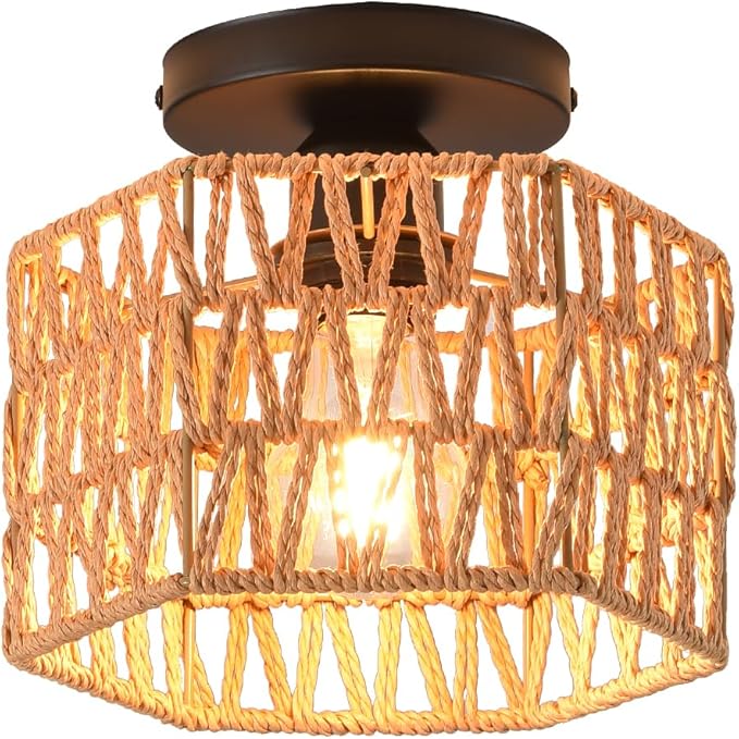 Hand-Woven Rattan Flush Mount Ceiling Light,Farmhouse Light Fixtures Ceiling Mount Boho for Hallway Bedroom Kitchen Entryway Living Room