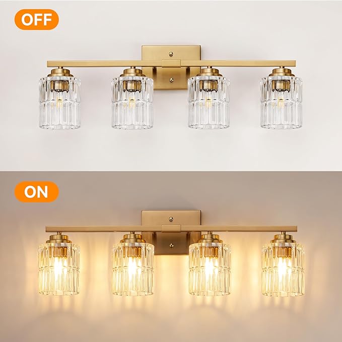 TALOYA 27 Inch Bathroom Light Fixtures,Modern 4-Light Brushed Gold Vanity Lights with Wide Vertical Ribbed Thickened Glass Shade Wall Sconces for Mirror Makeup Room Hallway（Bulbs Not Included）