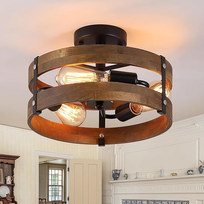 3-Light Rustic Farmhouse Wood Flush Mount Ceiling Light Fixture 12.59 inch Oak Wood and Metal Round Cage Semi Flush Mount Ceiling Light for Hallway Entry Bedroom Kitchen Hall Farmhouse, Black