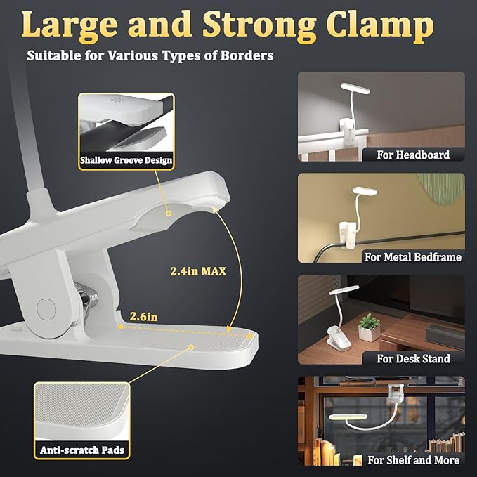 Desk Lamp Battery Operated, Clip on USB Rechargeable Reading Light for Headboard with Large Clamp, 25 Models Adjustable Cordless Touch Light for Bed Frame Bunk Dorm Table Bedside