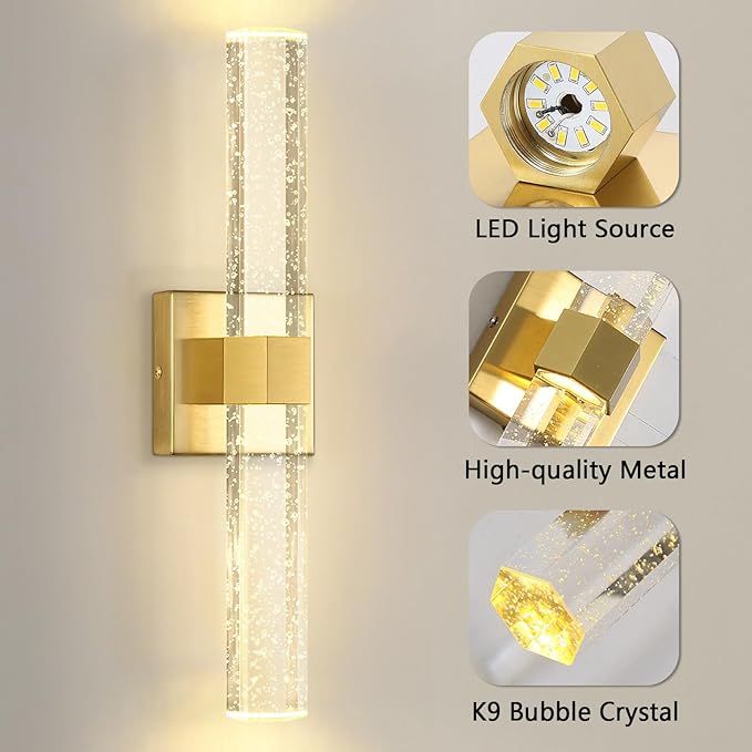 Gold LED Wall Sconce Lights Warm Light Modern Crystal Wall Lights Vanity Lighting Fixtures Sconces for Bathroom Living Room Bedroom Dining Room Hallway