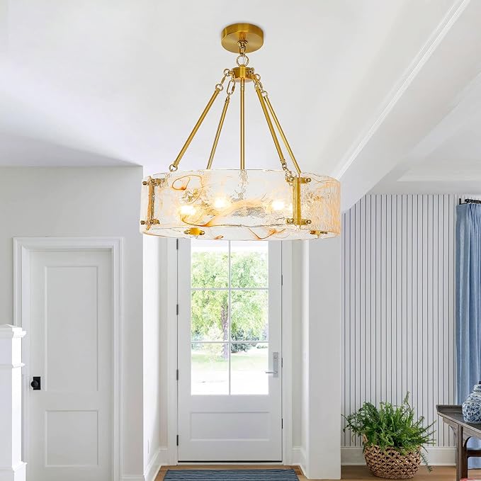 WILON Chandeliers for Dining Room, Modern Glass Pendant Light Fixtures,6-Light Foyer Kitchen Lighting Fixtures Textured Hanging Lights for Bedroom, Bathroom, Laundry Room, Entryway, Hallway (Gold)