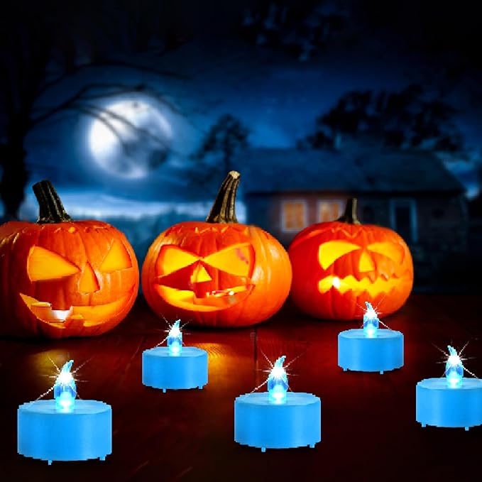 Battery Operated Tea Lights Candles,Flameless Led Electric Fake Candle, 24 Pack Realistic Flickering Votive Tealight, Long Lasting 200+Hours, for Wedding Party Home Decoration (Blue)