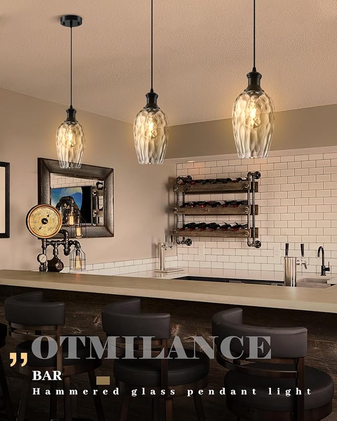 Black Pendant Lights Kitchen Island, 6.3” Hammered Glass Pendant Lights, Hanging Industrial Clear Glass Pendant Light 2-Pack, Farmhouse Kitchen Pendant Light for Dining Room, Bathroom, Cafe