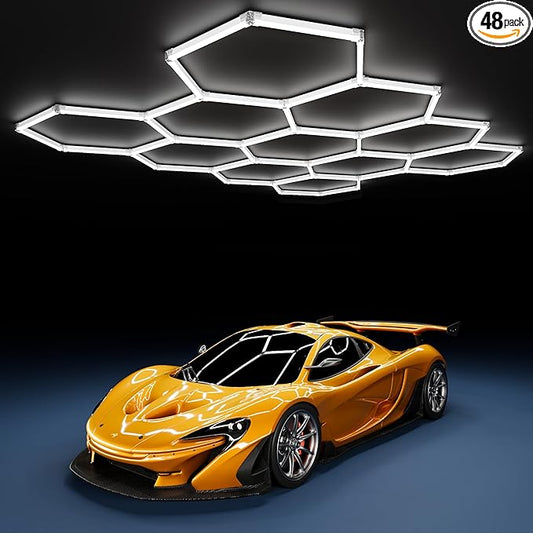 MODERN 11Grids Hexagon Garage Light: 48Pack 384W 47000LM High Brightness Hexagon Garage Lights-Easy Install Honeycomb Ceiling Lights for Warehouse, Gym Basement, Exhibition Hall