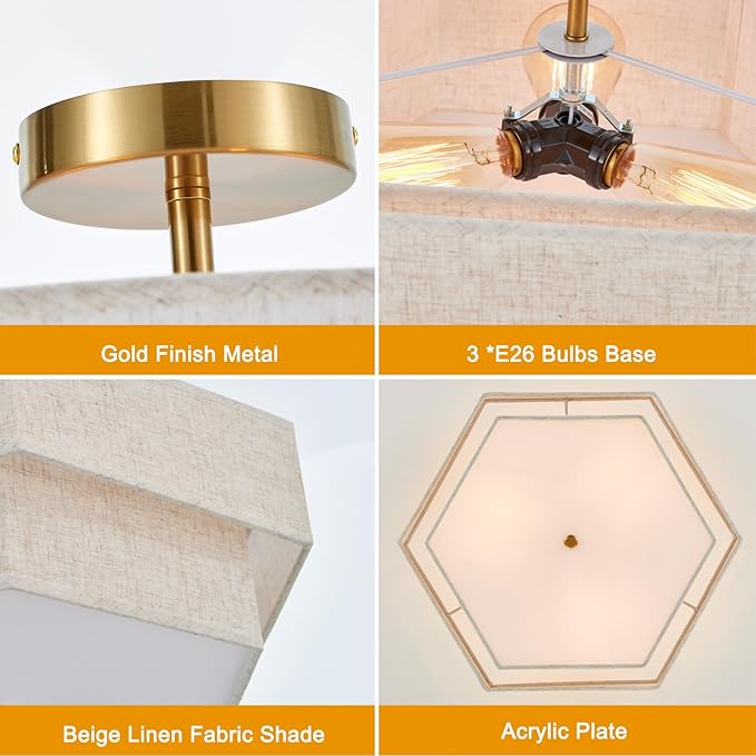 Modern Semi Flush Mount Ceiling Light 18" Modern Gold Drum Ceiling Lighting Fixture with Linen Shade Vintage Ceiling Lamp for Living Room, Bedroom, Kitchen, Dining Room, Hallway, and Entryway