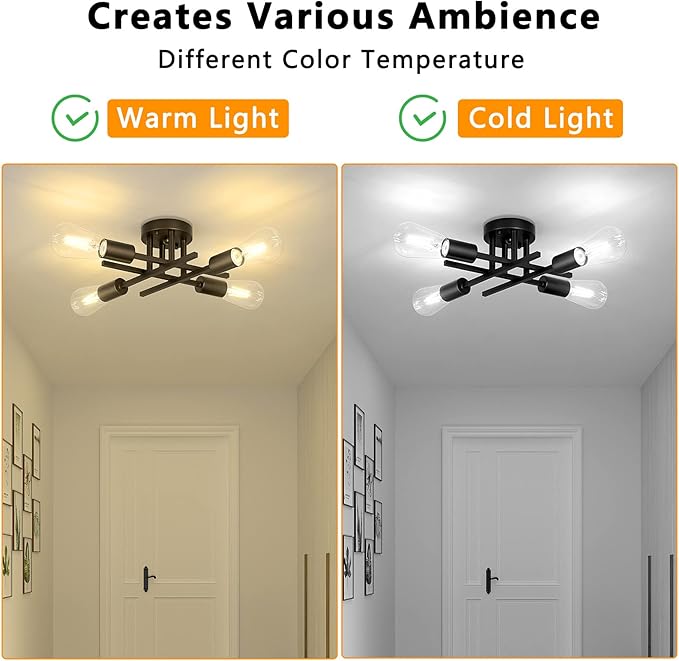 Lomoky Industrial 4-Light Semi Flush Mount Ceiling Light Fixture, Modern Black Close to Ceiling Light, Farmhouse Chandelier Ceiling Lamp for Hallway Kitchen Bedroom Living Room (2 Pack)