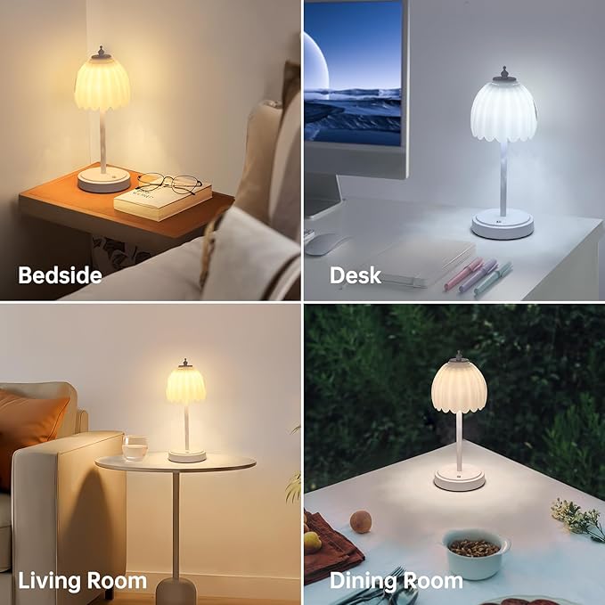 Shenmoyl Tulip Table Lamp with 5200mAh Battery & Touch Control, Cordless Small Table Lamp with 3 Colors, Dimmable Rechargeable Table Lamps for Living Room, Bedroom, Bedside (White Tulip & White Base)