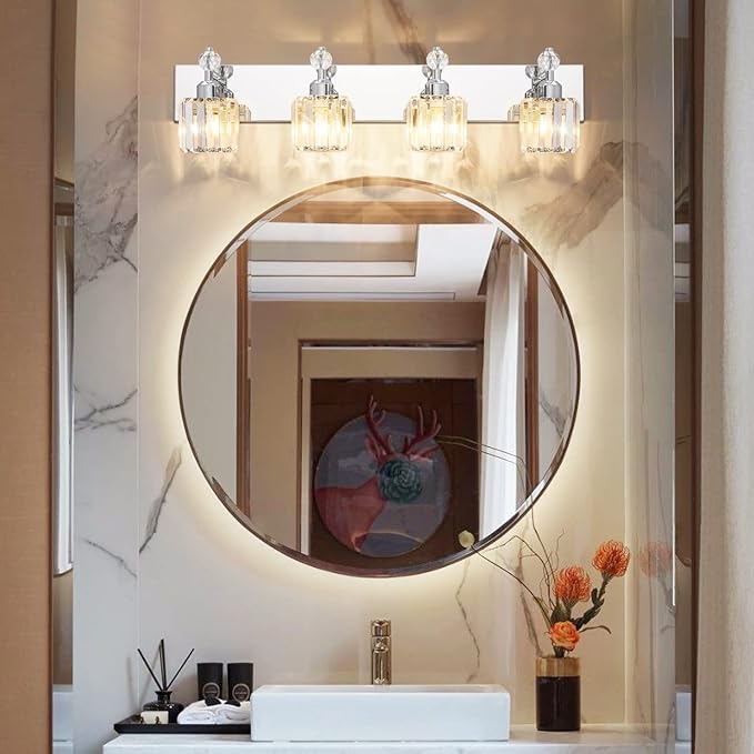 PRESDE 4-Light Crystal Bathroom Lights Fixtures Chrom Modern Wall Lighting Over Mirror