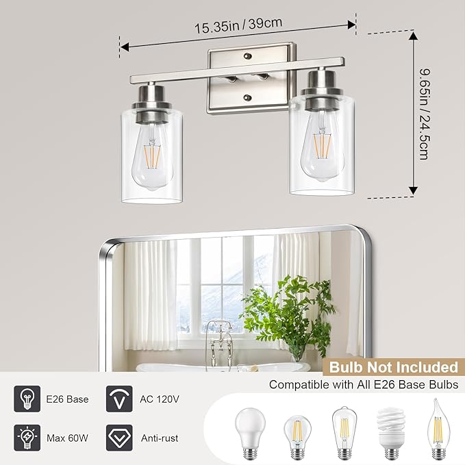 Unicozin 2 Light Bathroom Light Fixtures, Modern Vanity Lights Over Mirror, Brushed Nickel Wall Lamp with Clear Glass for Living Room Cabinet Bedroom Porch