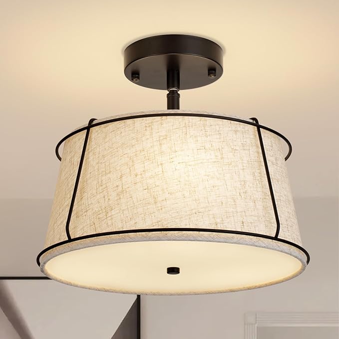 13'' Semi Flush Mount Ceiling Light Fixture,3-Light Black Light Fixtures Ceiling Mount with Linen Drum Fabric Shade,Modern Close to Ceiling Lamp for Bedroom Dining Room Kitchen Hallway (Adjustable)