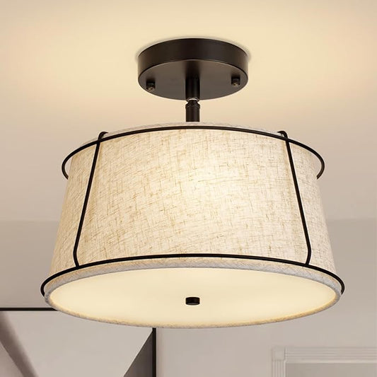 13'' Semi Flush Mount Ceiling Light Fixture,3-Light Black Light Fixtures Ceiling Mount with Linen Drum Fabric Shade,Modern Close to Ceiling Lamp for Bedroom Dining Room Kitchen Hallway (Adjustable)