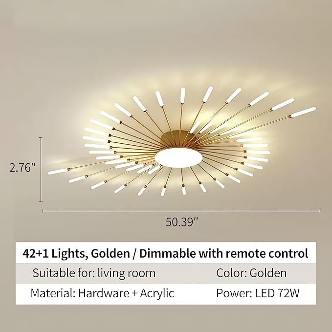 Modern Ceiling Light LED Flush Mount Ceiling Light for Living Room,Kitchen,Dining Room,Bedroom Fireworks Design Dimmable with Remote Control & Memory Function Lighting Fixture (Gold,42 Light)