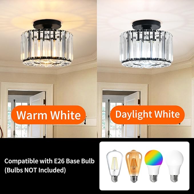 Crystal Ceiling Light, Semi Flush Mount Ceiling Light Black Crystal Chandelier for Bedroom Kitchen Hallway Entrance Balcony Dining Rooms Living Rooms Bar