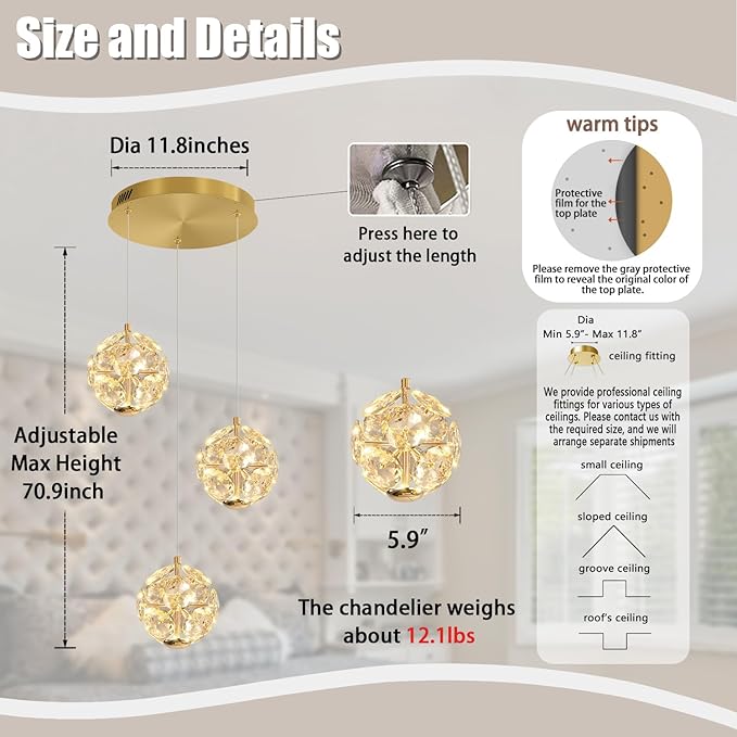 ykolupty Pendant Lights Kitchen Island 3-Light Gold Crystal Island Lights Dining Foyer Entrance Modern Chandeliers LED Dimmable 2700-6000K
