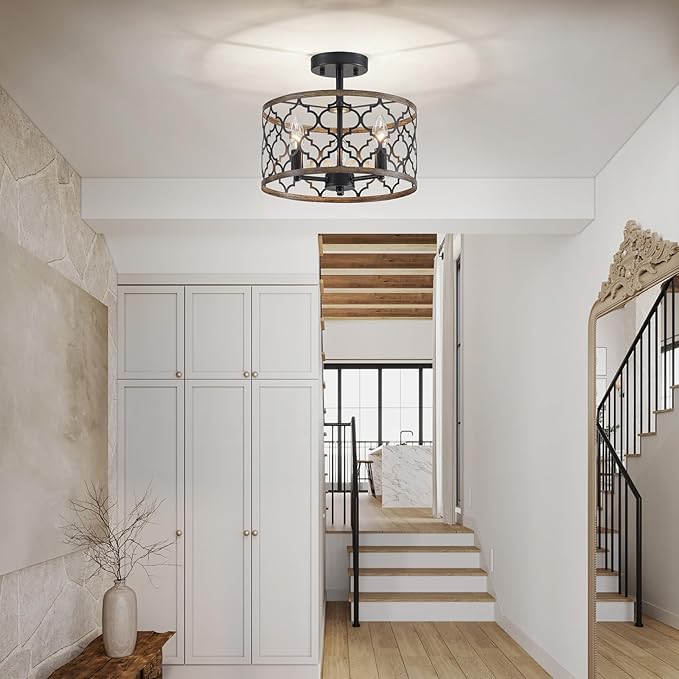 WUZUPS Chandelier 3-Light Vintage Farmhouse Semi-Flush Mount Ceiling Light Lighting Fixture for Foyer Bedroom Hallway Storage Room Kitchen Bathroom, H 9.8" x W 12.4", E12 Base, Black & Wood Imitaion