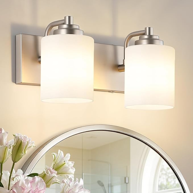 SOLFART Brushed Nickel 2 Light Vanity Lights for Bathroom, Milky Glass Shade Vintage Wall Sconce, Modern Bathroom Light Fixture Over Mirror, Easy to Install High-End Vanity Light (Bulbs Not Included)